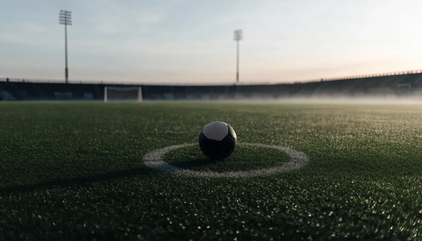 Ein einzelner Fussball liegt auf dem Anstosspunkt eines leeren Rasenplatzes am frühen Morgen, Tau glitzert auf dem Gras, die Tribüne liegt im Dunst.