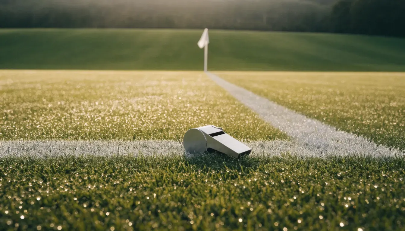 Eine Trillerpfeife liegt auf dem Rasen neben der Mittellinie, Tau hängt an den Halmen, im Hintergrund ein leerer Spielfeldrand.
