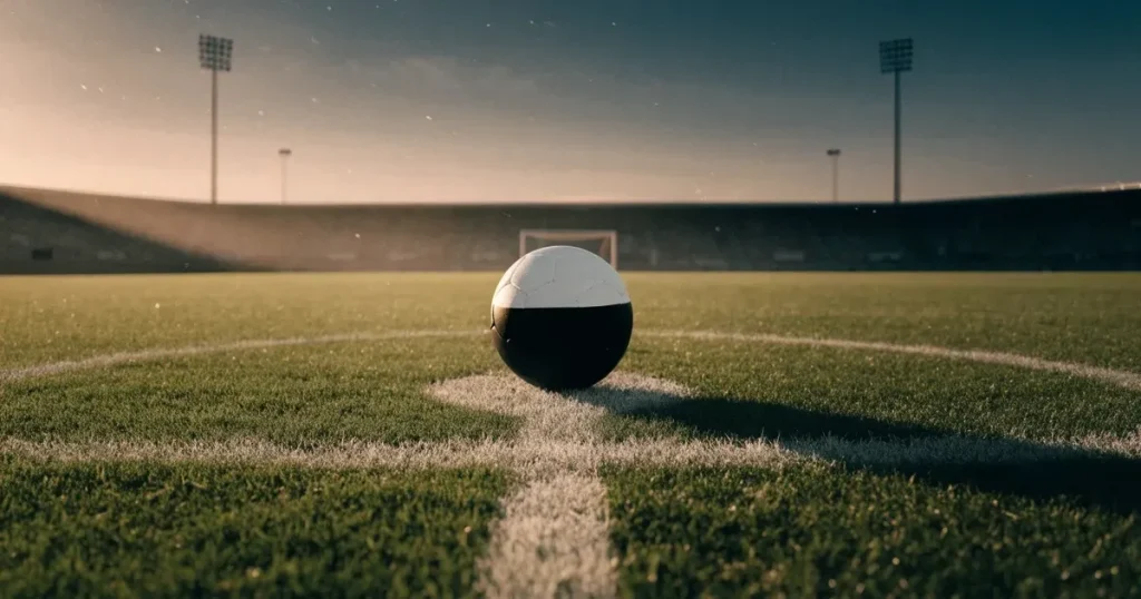 Ein Fussball liegt auf dem Mittelkreis eines Rasenfelds, die weissen Linien kreuzen sich auf dem gepflegten Gras im warmen Abendlicht.