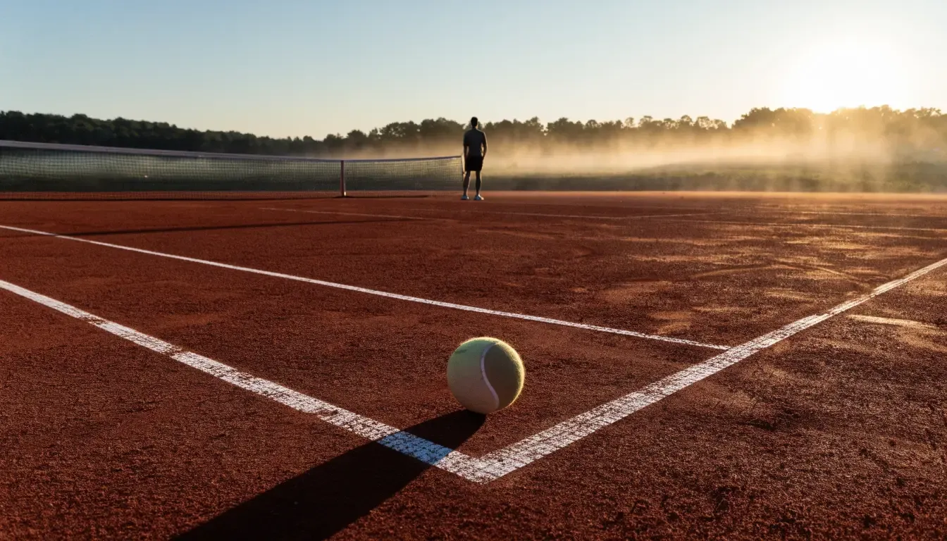Ein Tennisplatz bei Sonnenaufgang, die Linien frisch gezogen, das Netz in der Mitte und Nebel über dem Boden.