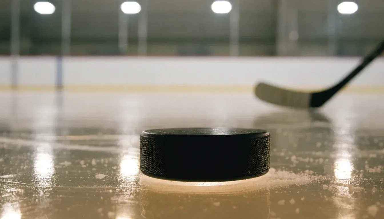 Ein Eishockeypuck liegt auf dem Eis, im Hintergrund unscharf die Bande unter hellem Hallenlicht.