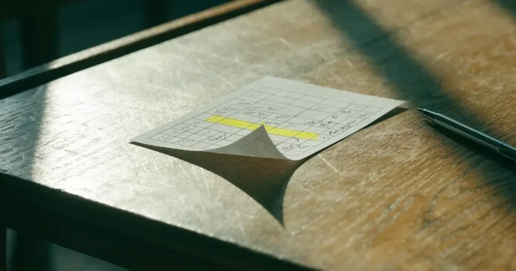 Ein leerer Wettschein aus Papier liegt neben einem Kugelschreiber auf einem Holztisch, weiches Licht fällt von der Seite.