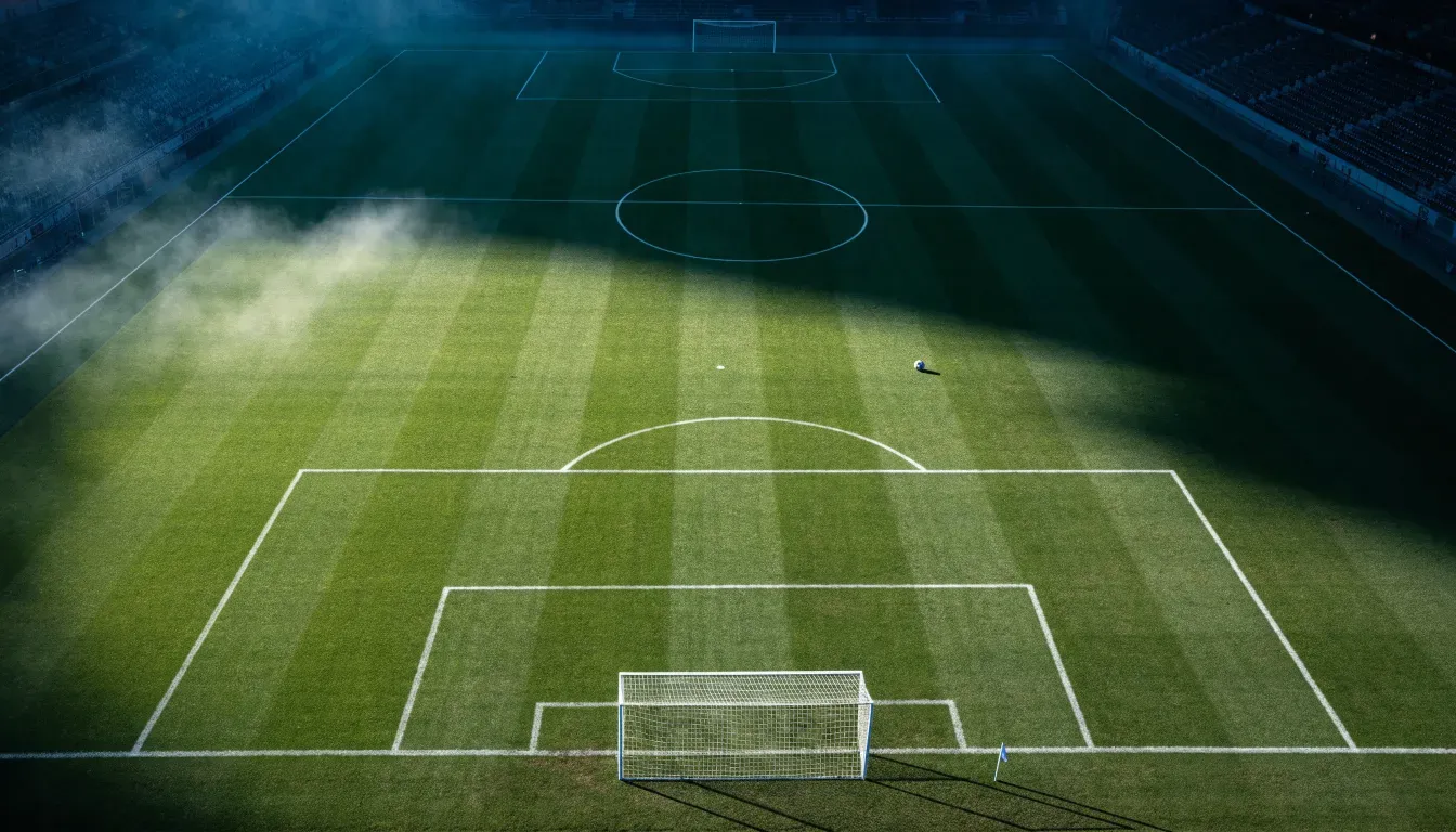 Ein Fussballplatz von oben gesehen, die Linien bilden ein helles Muster auf dem Rasen, Drohnenperspektive in der Morgendämmerung.