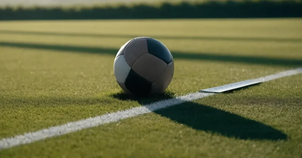 Ein Fussball und ein Massband liegen auf kurz geschnittenem Rasen neben einer Kreidelinie, Morgenlicht von der Seite.