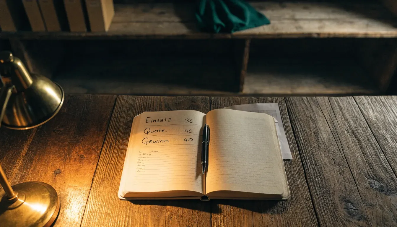 Ein alter Holztresen mit einem Notizbuch und einem Taschenrechner in warmem Lampenlicht, Regale im Hintergrund.
