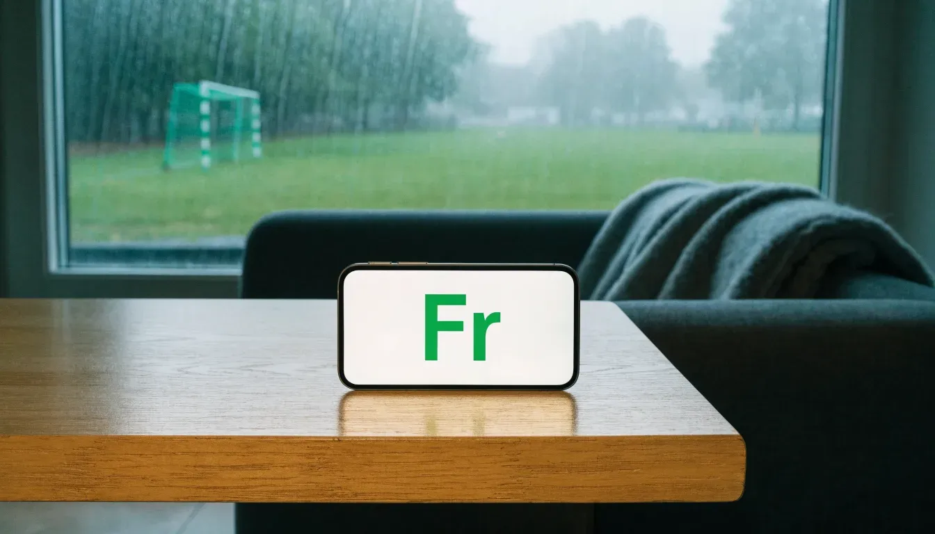Ein Sofa mit Wolldecke steht vor einem grossen Fenster, draussen Regen und in der Ferne ein Fussballplatz.