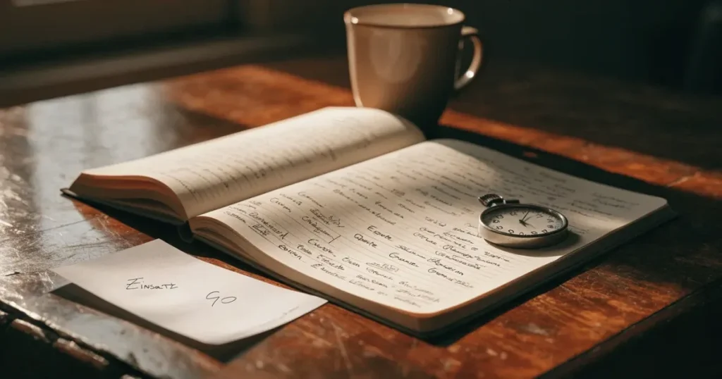 Ein aufgeschlagenes Notizbuch mit handschriftlichen Notizen und Skizzen liegt neben einer Stoppuhr auf einem Holztisch.