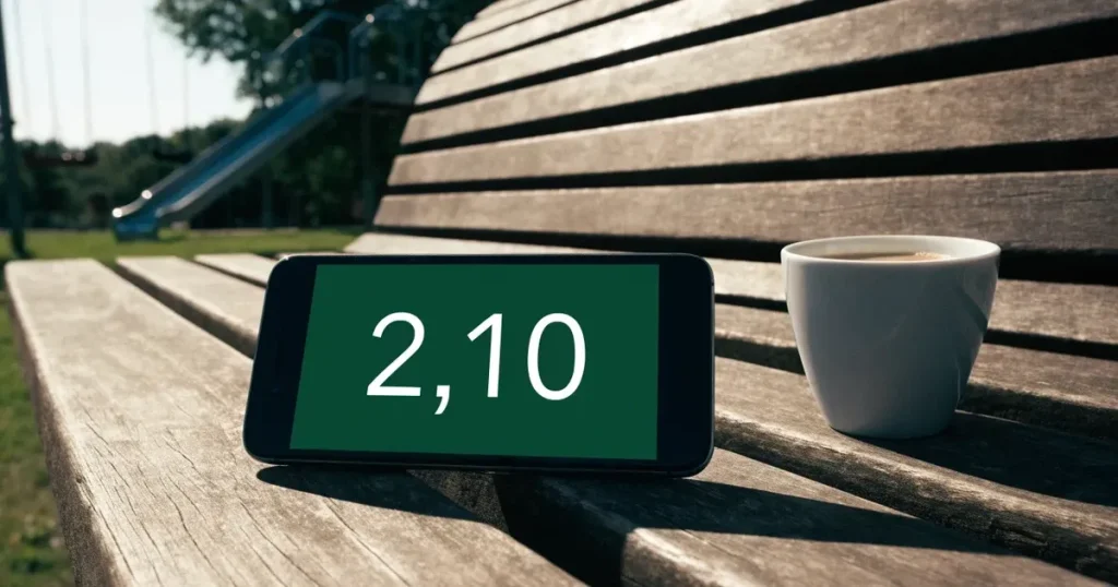 Ein Smartphone mit dunklem Display liegt auf einer Parkbank, daneben ein Kaffeebecher, im Hintergrund ein Spielplatz.