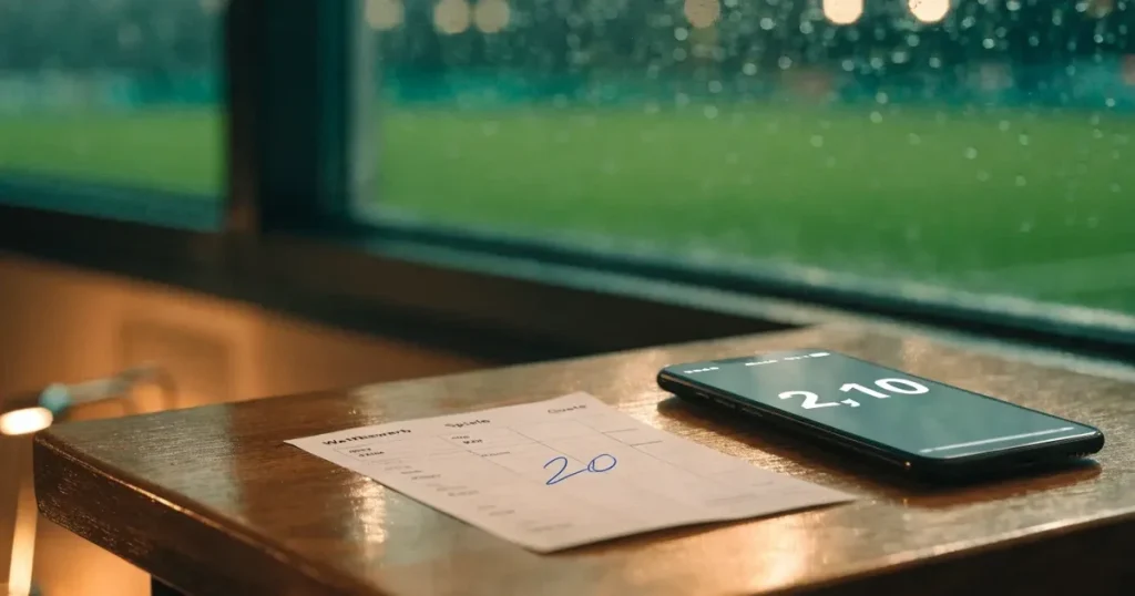 Ein Wetterbarometer hängt an einer Holzwand neben einem Fenster, draussen liegt ein nasser Fussballplatz im Regen.