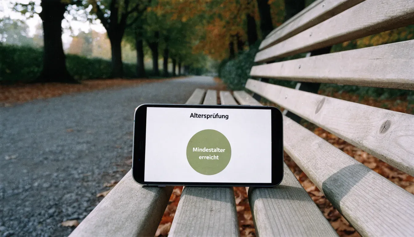 Eine Parkallee mit Kastanienbäumen und einer leeren Bank, Herbstlaub bedeckt den Kiesweg.