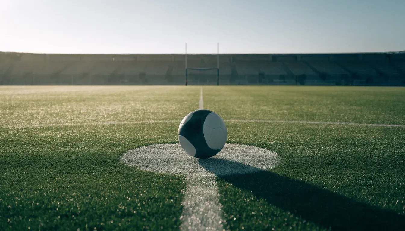 Ein Fussball liegt auf dem Anstosspunkt eines leeren Rasenplatzes im frühen Morgenlicht, dahinter erhebt sich eine menschenleere Tribüne.