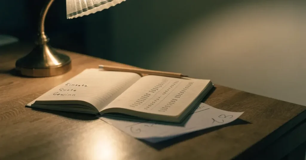 Ein aufgeschlagenes Notizbuch mit handschriftlichen Strichlisten und Spalten liegt neben einem Bleistift auf einem Holztisch im warmen Licht einer Schreibtischlampe.