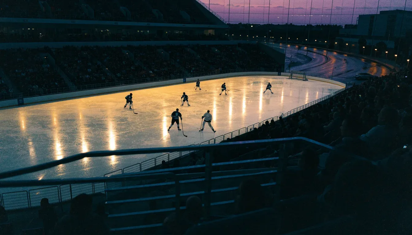 Ein grosses Eisstadion aus der Ferne gesehen, hell erleuchtet von Flutlicht in der Abenddämmerung, davor eine leere Strasse.