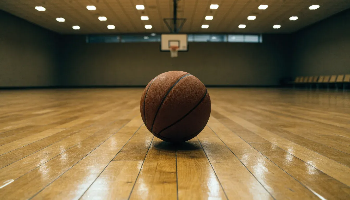 Ein Basketball liegt auf dem Parkett einer leeren Halle, von den Deckenlampen fällt gleichmässiges Licht auf den Boden.