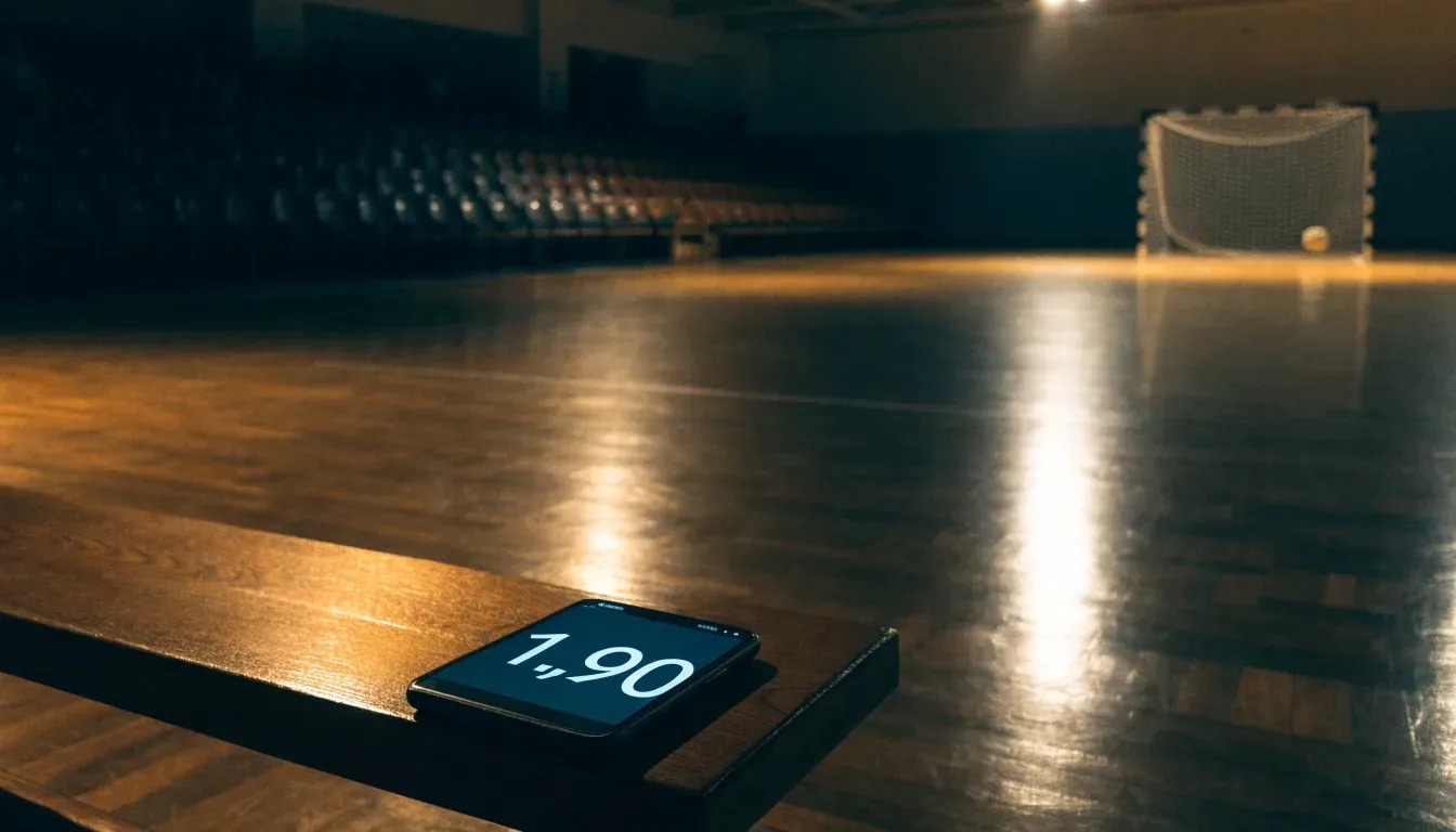 Ein Handballtor in einer leeren Sporthalle, der Ball liegt im Torraum und das Hallenlicht spiegelt sich im Parkett.