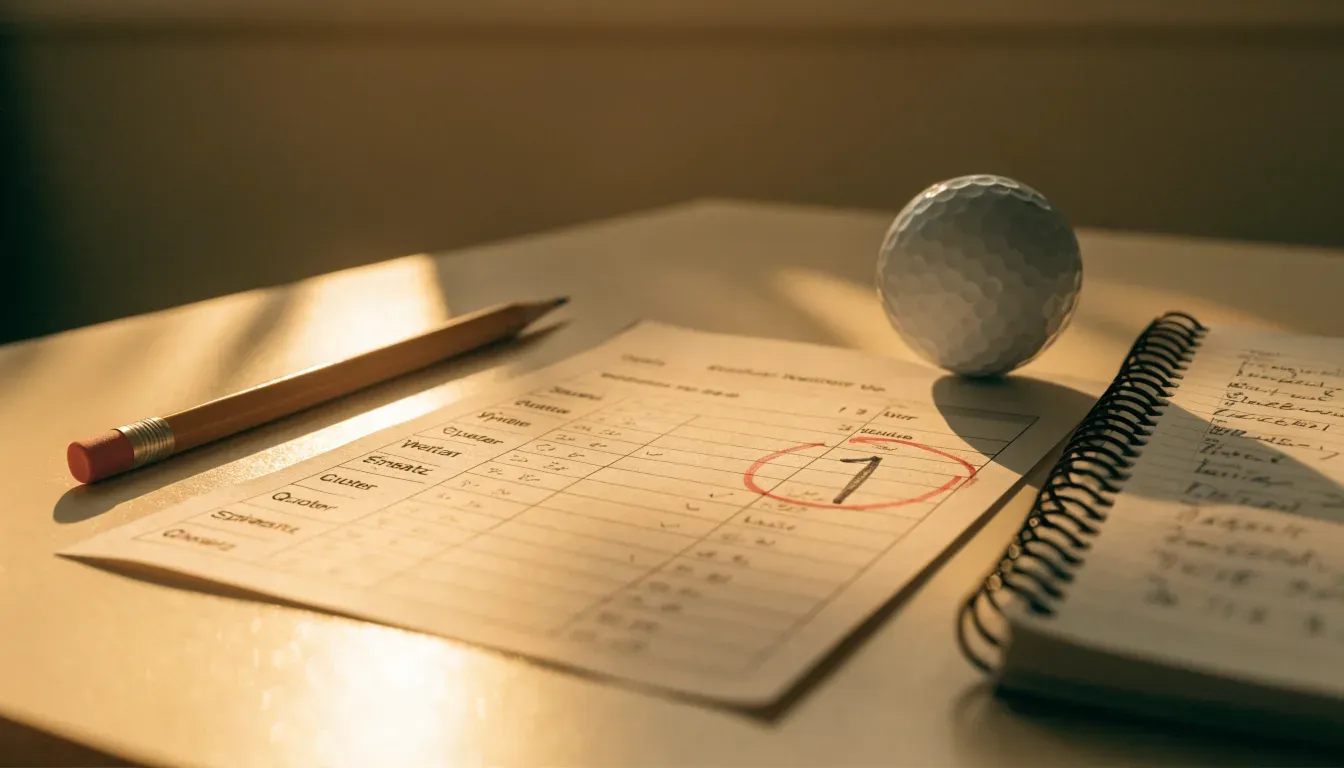 Ein Golfball liegt auf einem gepflegten Grün nahe am Loch, im goldenen Licht der Abendsonne.