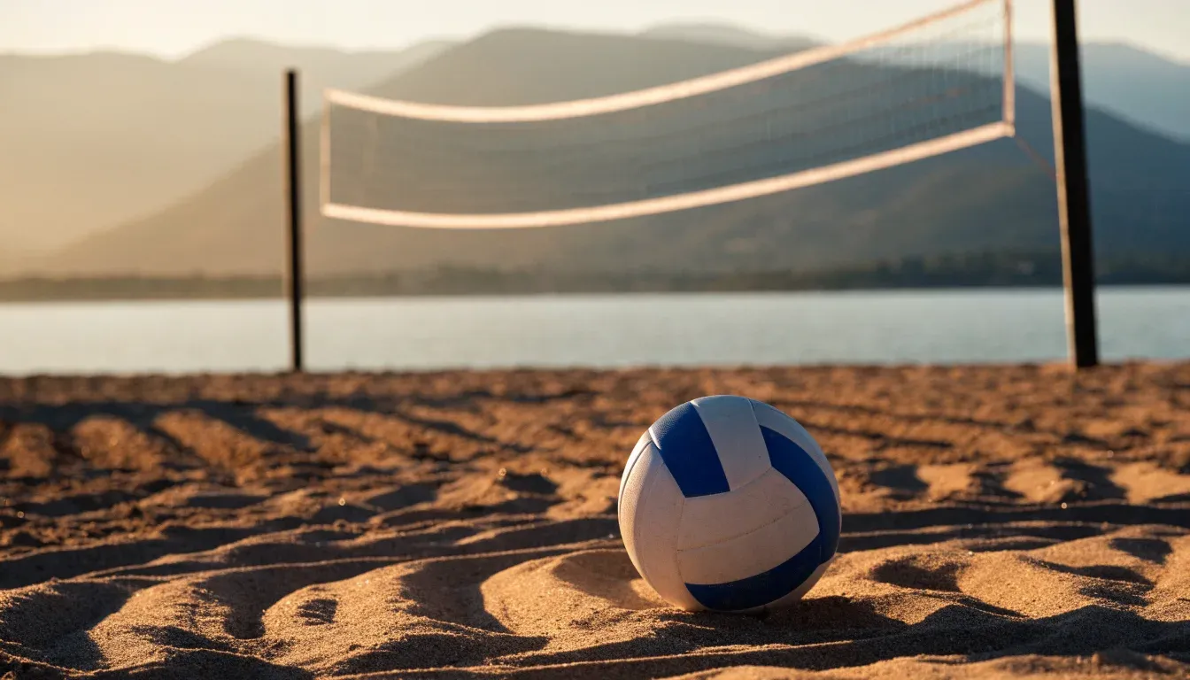 Ein Volleyball liegt im Sand eines Spielfelds am Seeufer, im Hintergrund gleitet ein Boot über das Wasser.