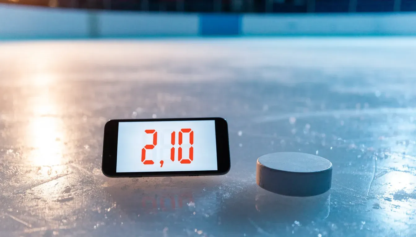 Ein Eishockeypuck liegt in Grossaufnahme auf der Eisfläche, feine Kratzer im Eis glänzen im hellen Hallenlicht.