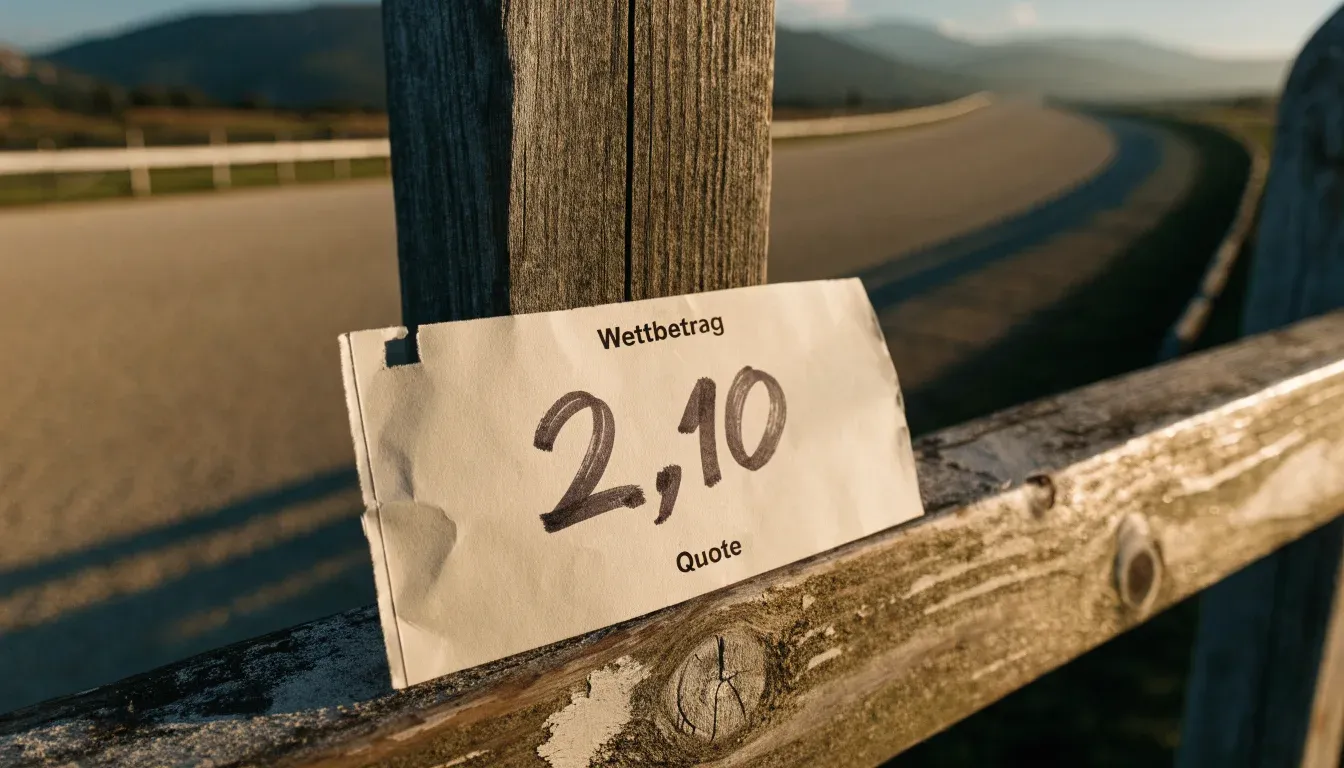 Eine leere Pferderennbahn mit gepflegter Zielgeraden und Holzzaun, im Hintergrund stehen Berge im Dunst.