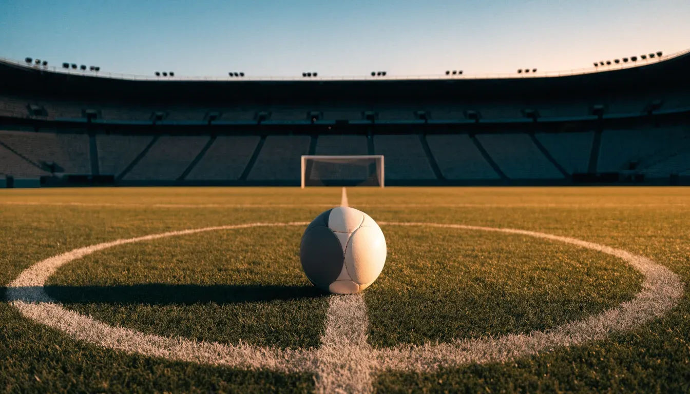 Ein Fussball liegt auf dem Mittelkreis eines leeren Rasenplatzes, dahinter ragen leere Tribünenreihen in den Abendhimmel.