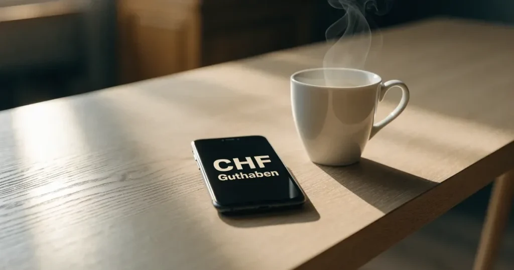 Ein Smartphone mit dunklem Display liegt auf einem hellen Holztisch neben einer Kaffeetasse, Morgenlicht fällt schräg durch ein Fenster.