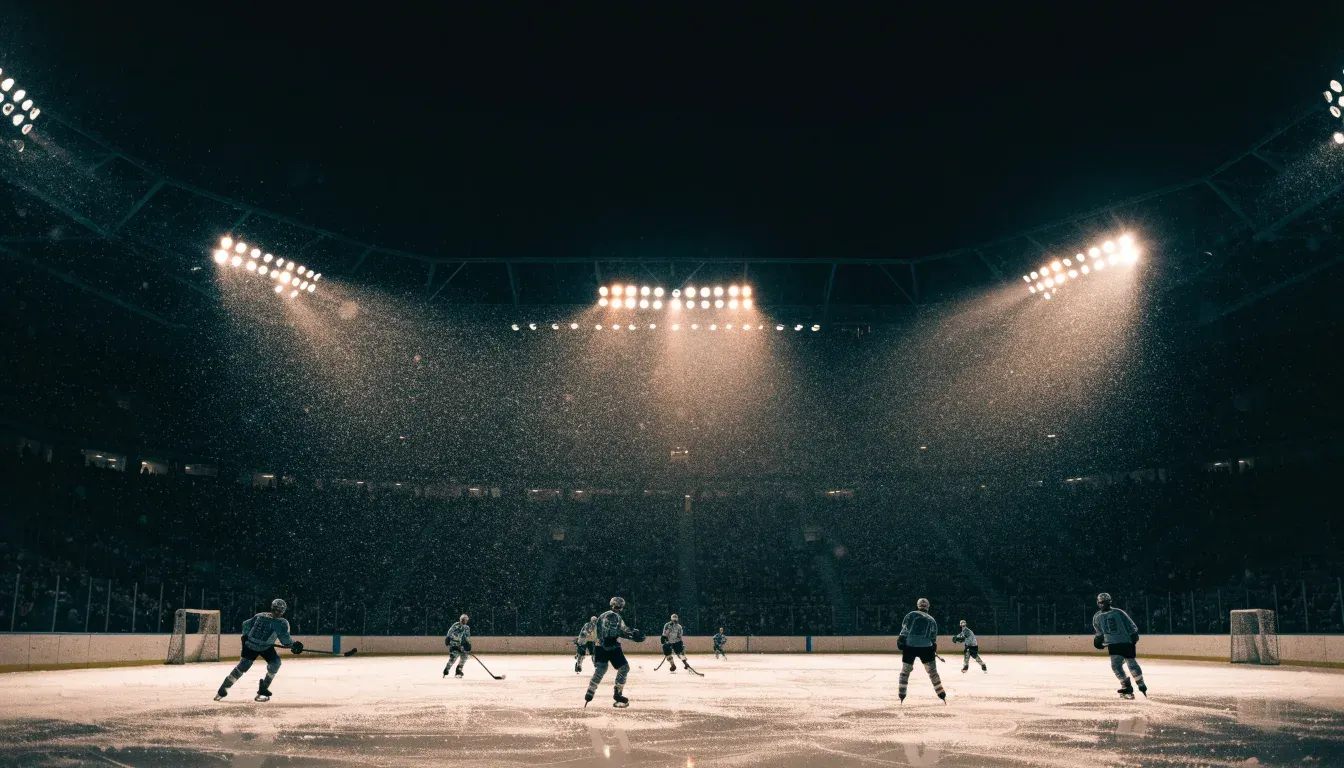 Eine Eishockeybahn liegt unter Flutlicht aus der Ferne betrachtet, leichter Schneefall treibt durch den Lichtkegel über dem Eis.