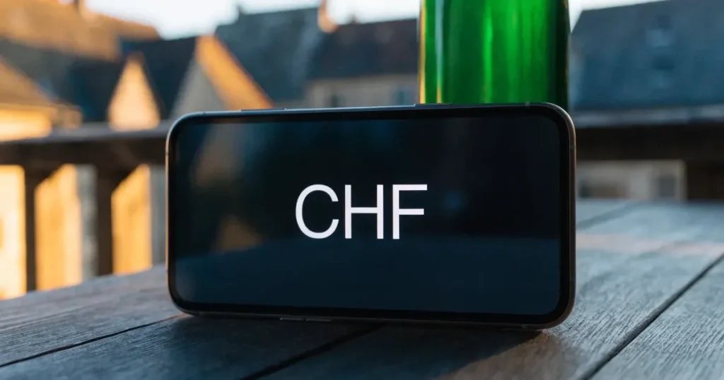 Ein Smartphone mit dunklem Display lehnt an einer Glasflasche auf einem Balkontisch, dahinter liegt eine Altstadt in der Abendsonne.