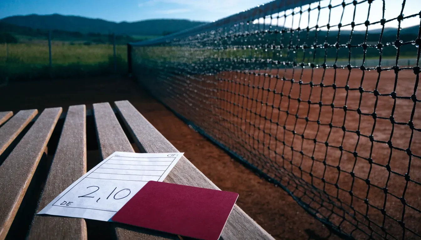 Ein Sandplatz für Tennis liegt bei Morgengrauen leer da, Tau glänzt auf dem Netz, hinter dem Zaun steigen Wiesen an.