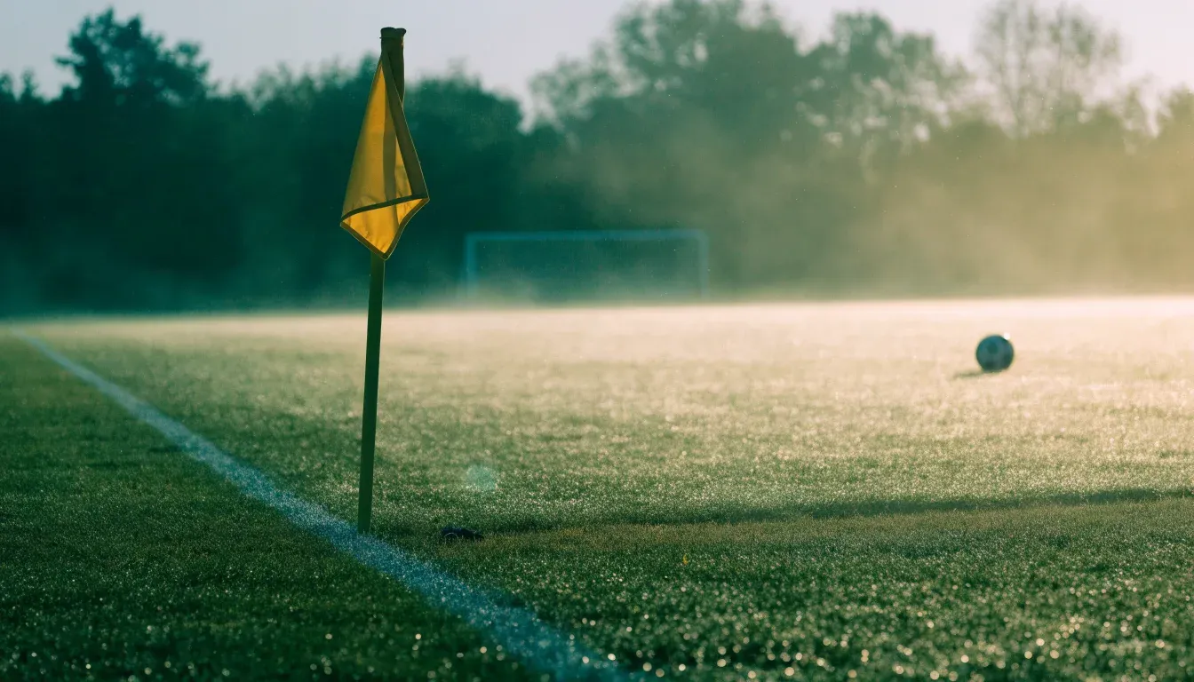 Eine Eckfahne steht am Morgen auf nassem Rasen, Tautropfen hängen im Gras und über dem Platz liegt leichter Dunst.