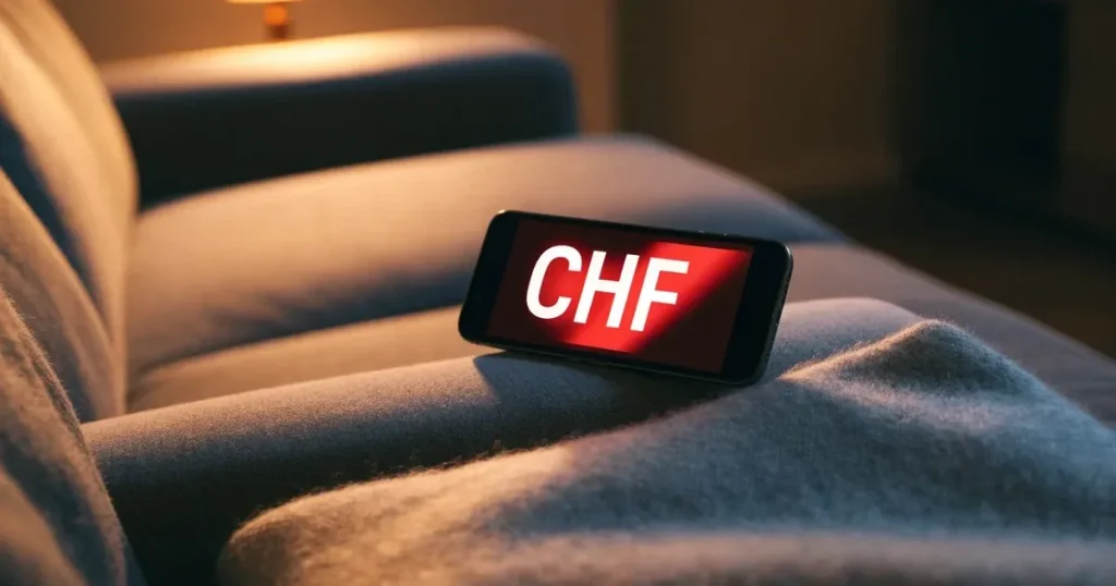 Ein Smartphone mit dunklem Display liegt auf der Lehne eines Sofas neben einer Wolldecke, warmes Abendlicht fällt ins Zimmer.