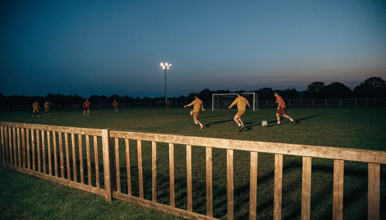 Ein kleiner Dorf-Fussballplatz liegt in der Dämmerung unter einem hohen Flutlichtmast, am Spielfeldrand steht ein Holzzaun.