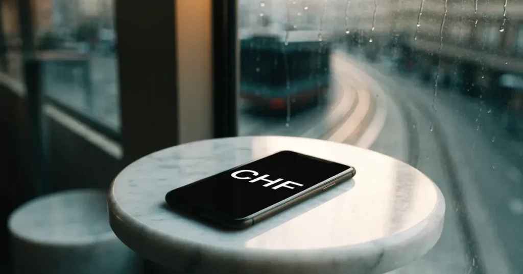 Ein Café-Tisch am Fenster trägt ein Smartphone mit dunklem Display, an der Scheibe laufen Regentropfen herunter und draussen steht eine Tram.