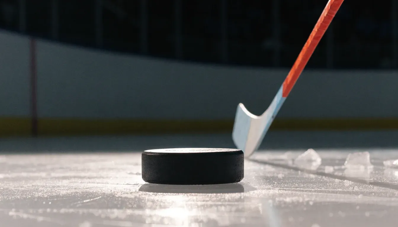 Ein Eishockeypuck liegt auf der Eisfläche neben dem Blatt eines Schlägers, die Bande dahinter ist im Dunkeln nur schwach zu erkennen.