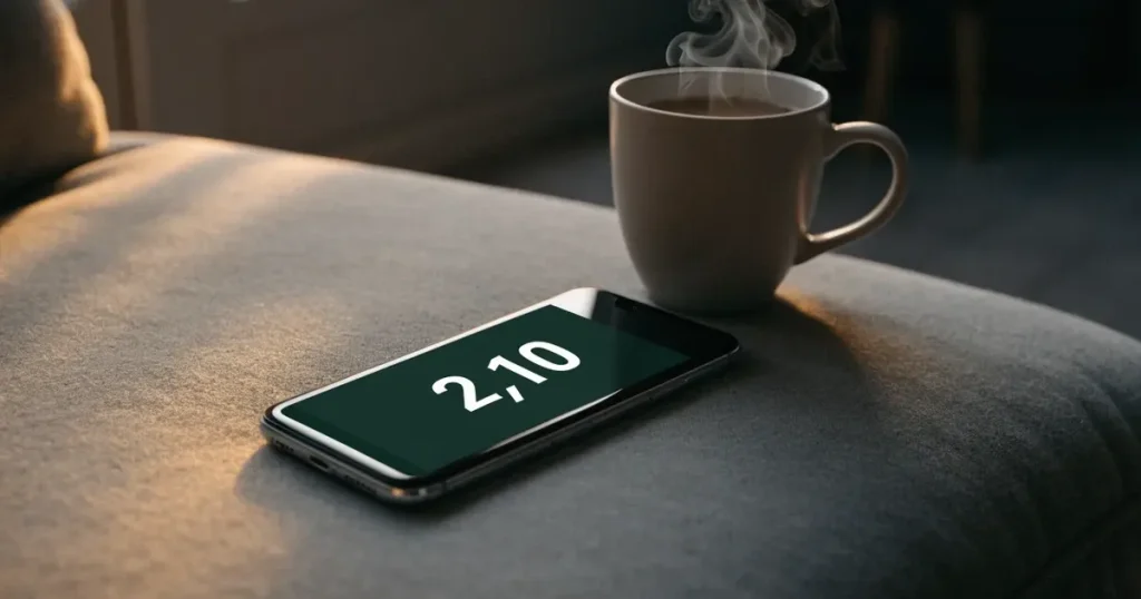Ein Tablet mit schwarzem Display liegt auf einem Sofakissen, daneben ein Becher mit Tee, vom Fenster her fällt Abendlicht.