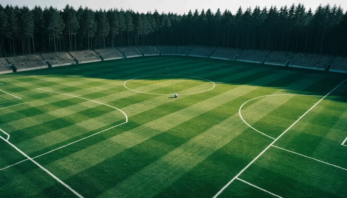 Ein Rasenplatz mit Spielfeldlinien ist von oben gesehen, ein einzelner Ball liegt in der Mitte, rundherum stehen leere Tribünen und Tannenwald.