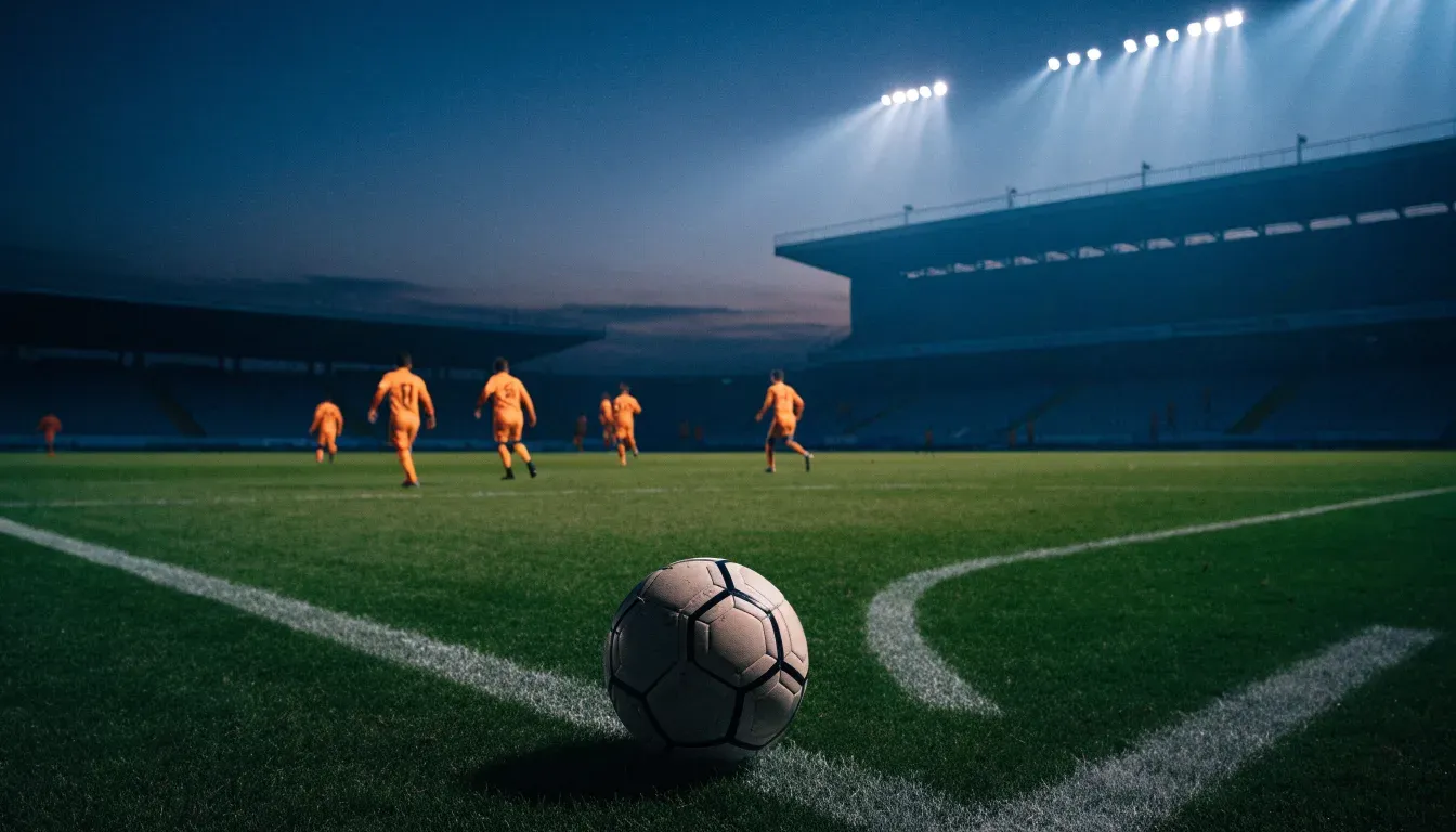 Leere Tribünenränge eines Fussballstadions in der Abenddämmerung, über dem Rasen leuchten die Flutlichter.