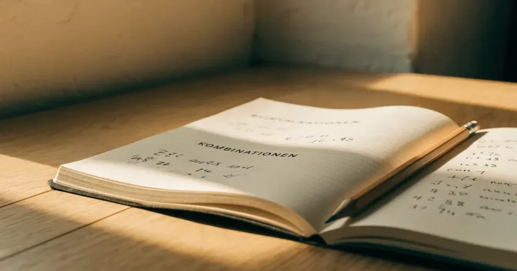 Ein aufgeschlagenes Notizbuch mit handschriftlichen Notizen und ein gespitzter Bleistift liegen auf einem hellen Holztisch im Morgenlicht.