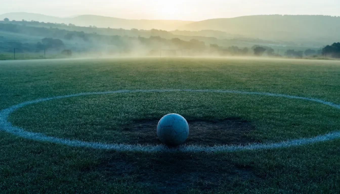 Ein Fussball liegt am frühen Morgen auf dem Anstosspunkt eines taunassen Rasens, im Hintergrund erheben sich Hügel im Dunst.
