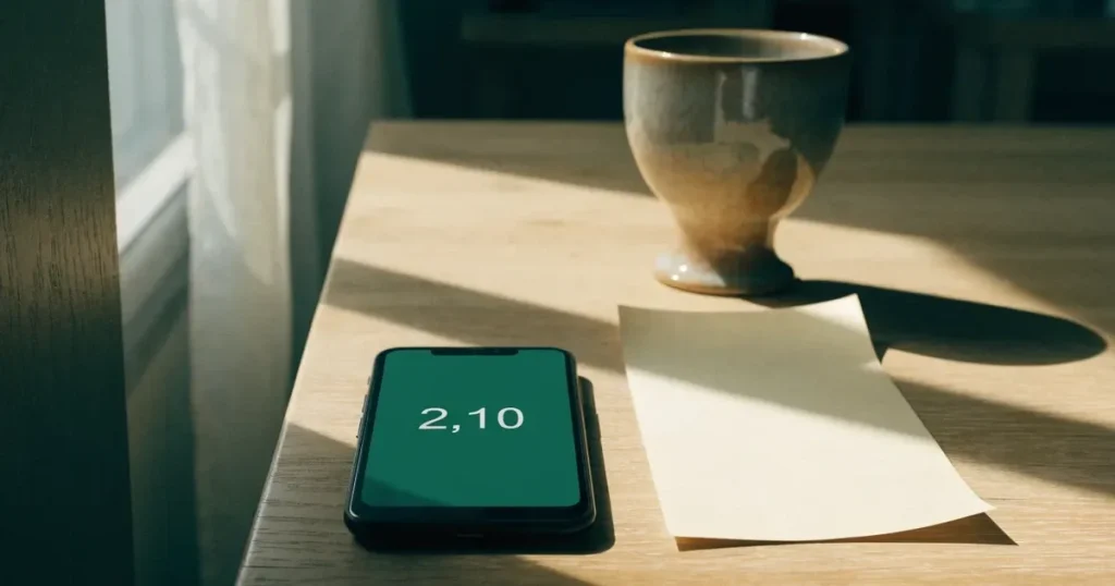 Eine kleine Geschenkschachtel mit schlichtem Band steht auf einem hellen Holztisch neben einem Fenster mit Morgenlicht.