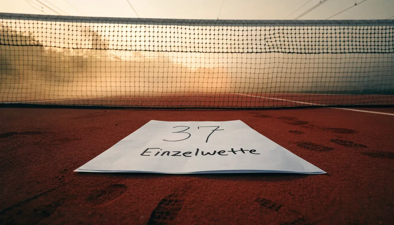 Ein Tennisplatz im Morgengrauen mit gespanntem Netz und feinem Dunst über der roten Asche.