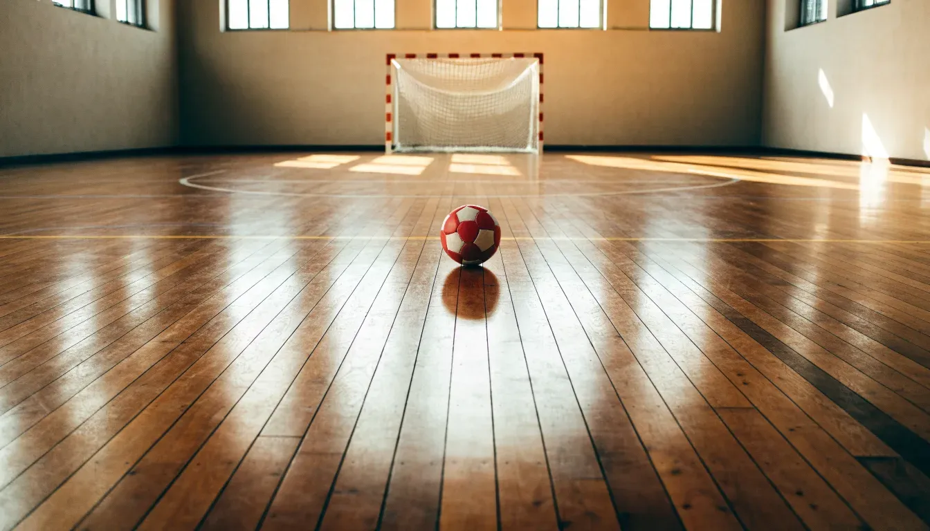 Der Boden einer Sporthalle aus poliertem Parkett mit einem einzelnen Handball in der Mitte, Licht fällt durch hohe Fenster.