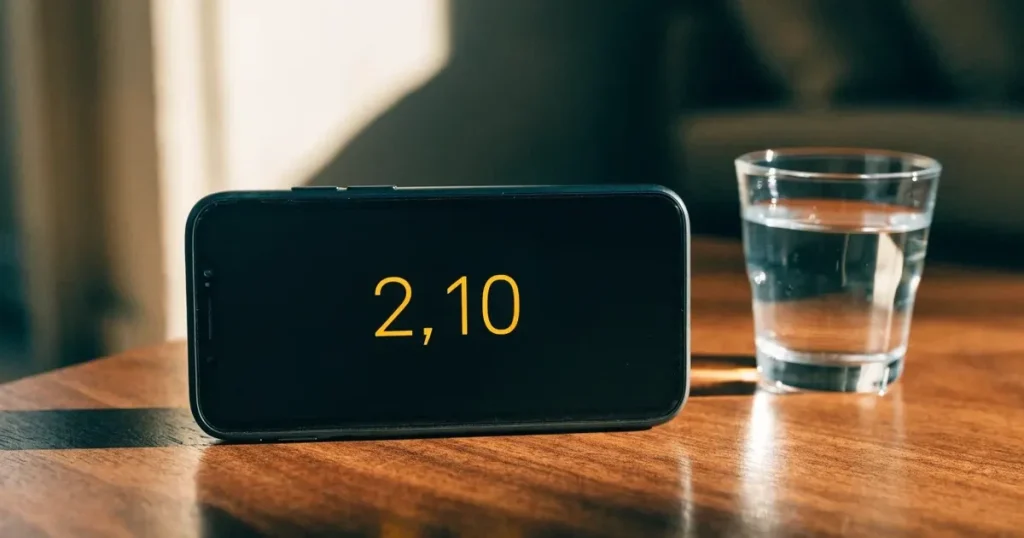 Ein Smartphone liegt mit dem Display nach unten auf einem Holztisch neben einem Wasserglas.