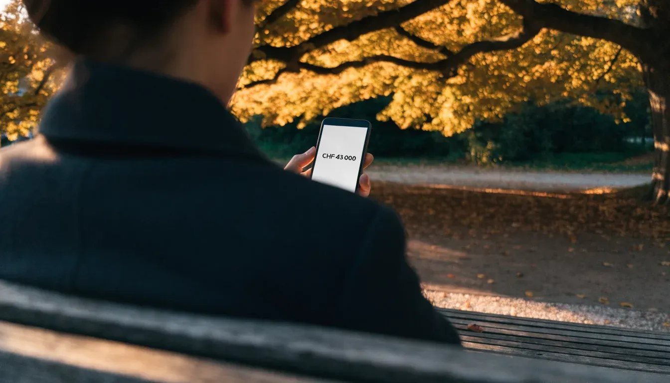 Eine Parkbank unter einer Kastanie im Herbst, auf dem Kiesweg liegen gelbe Blätter.