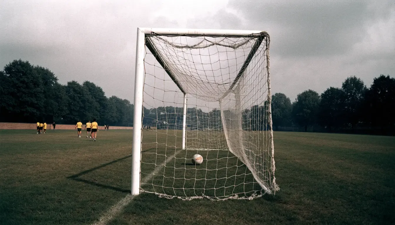 Ein Fussballtor mit locker hängendem Netz auf einem Trainingsplatz, das sich leicht im Wind bewegt.