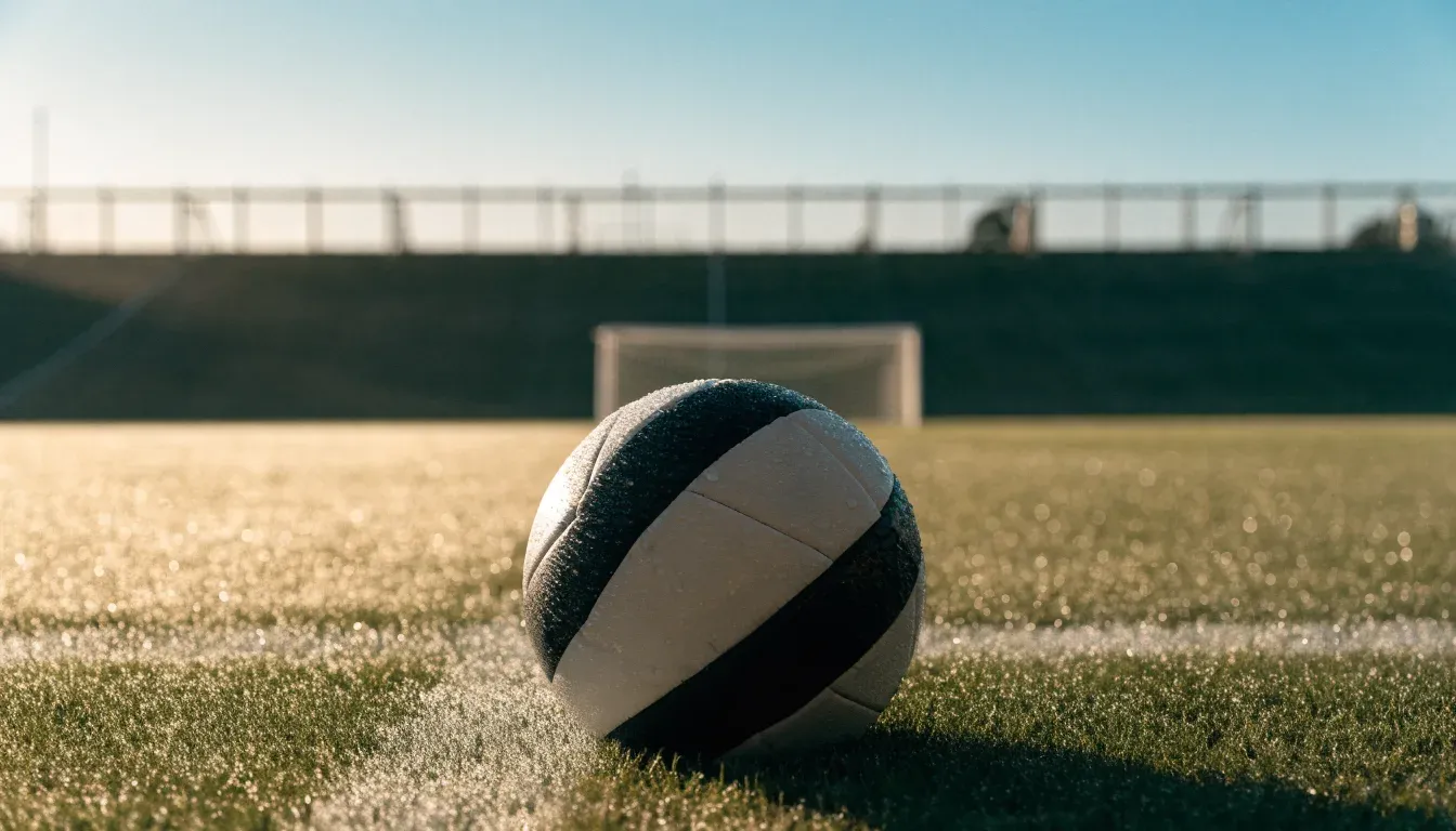 Ein Fussball ruht an der Seitenlinie im taufeuchten Gras, die ersten Sonnenstrahlen fallen schräg über den Platz.