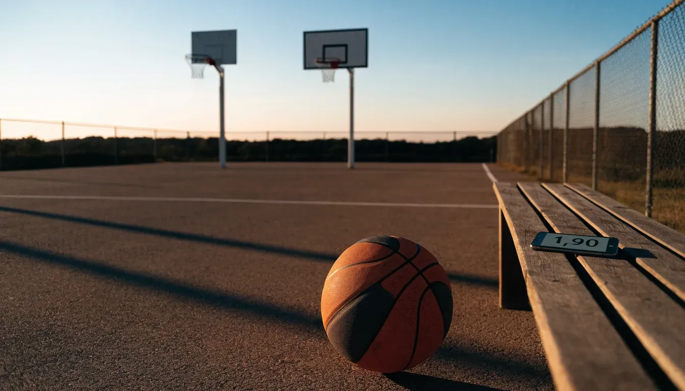 Ein Basketball liegt bei Sonnenuntergang auf einem leeren Aussenplatz, lange Schatten fallen über den Boden.
