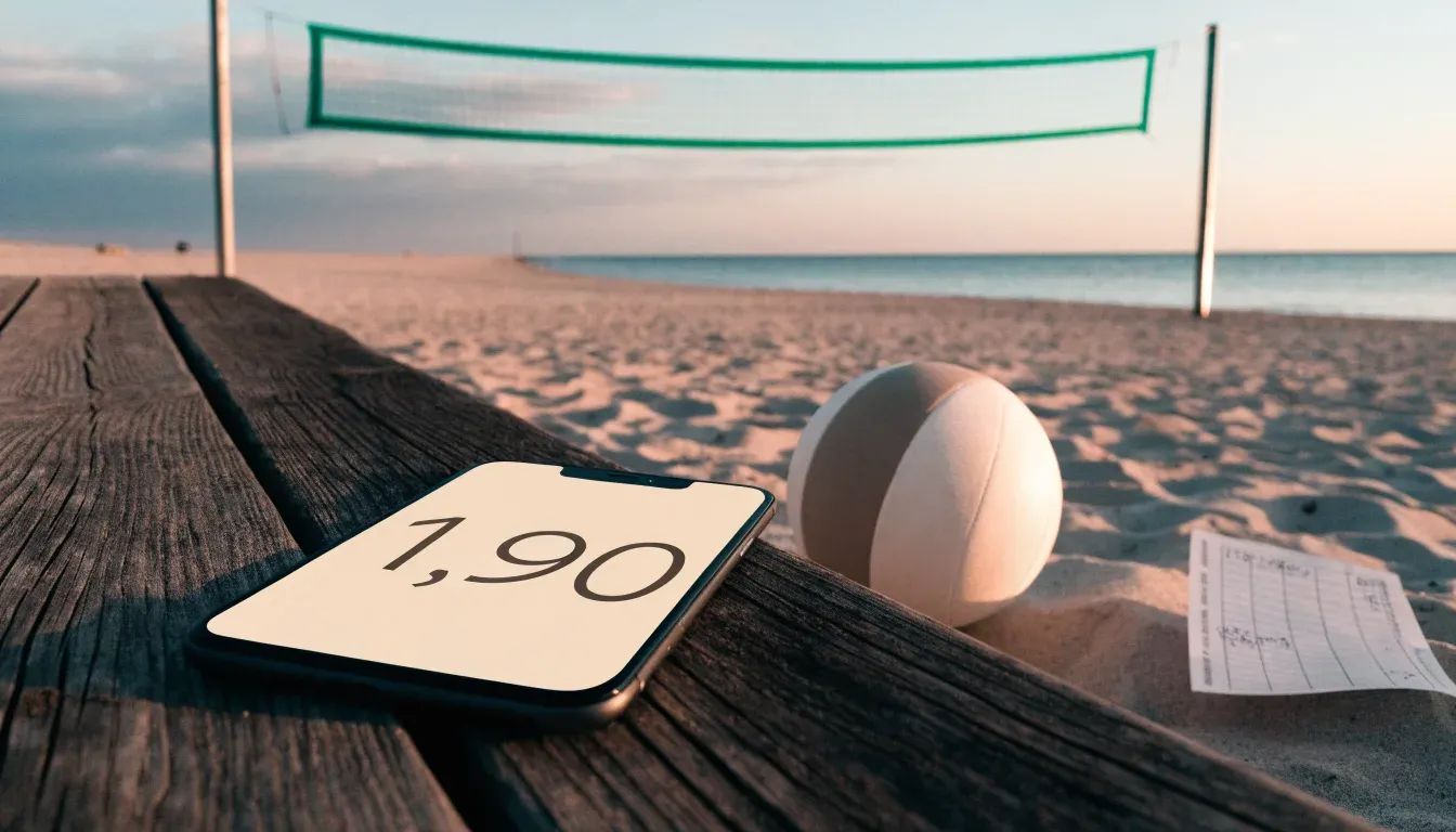 Ein Volleyball liegt auf feinem Sand an einem leeren Strand bei Sonnenaufgang.