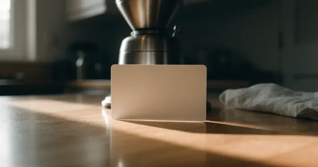 Eine leere cremefarbene Karte lehnt an einer Kaffeemühle auf einer Küchenablage.