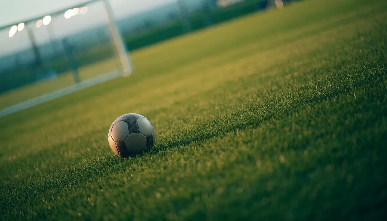Ein Fussball auf dem Rasen aus niedriger Perspektive aufgenommen, die Torpfosten verschwimmen im Hintergrund.