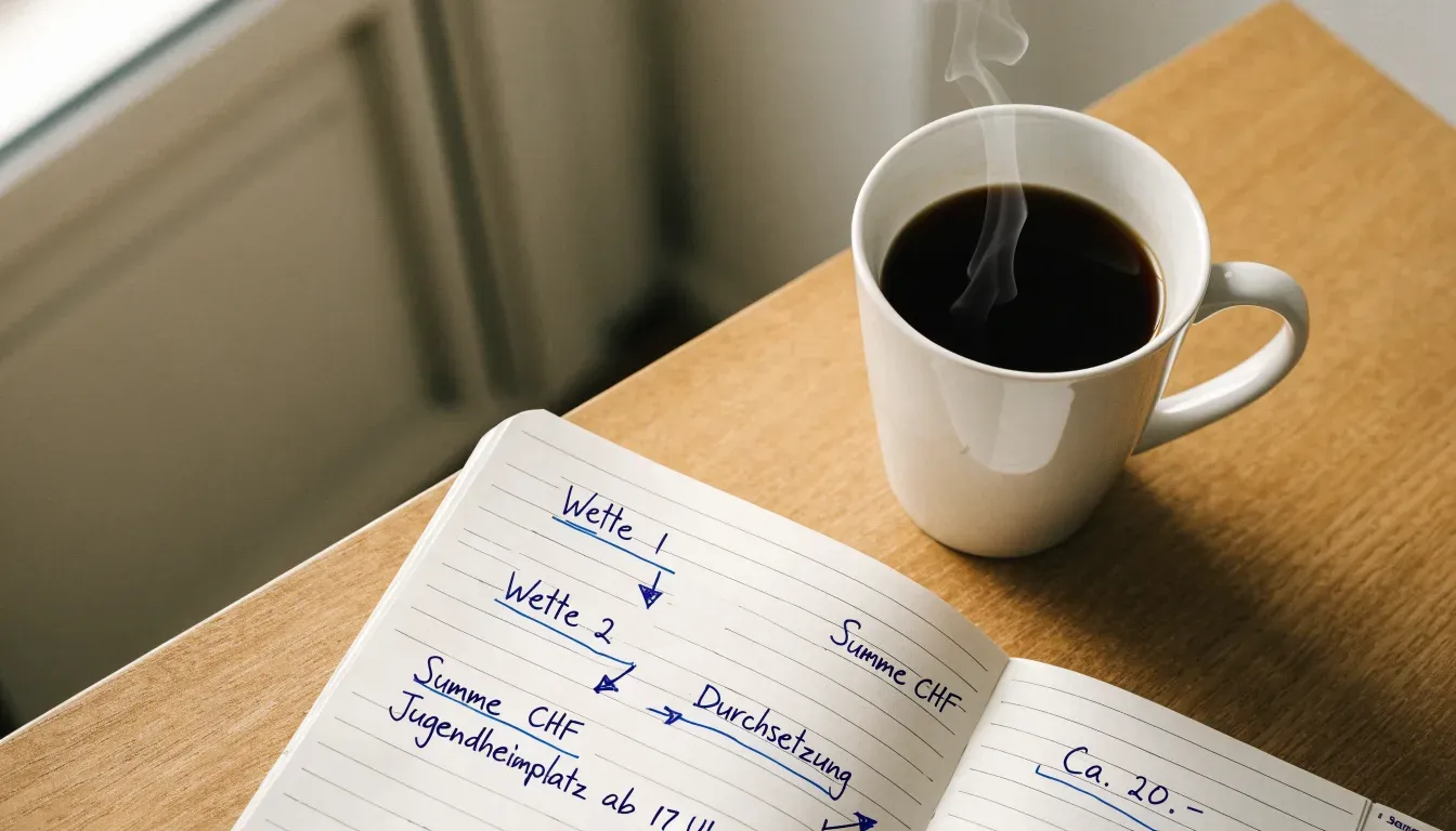 Ein aufgeschlagenes Notizbuch mit handschriftlichen Pfeilen und Kästchen liegt neben einer Kaffeetasse auf einem Schreibtisch am Fenster.